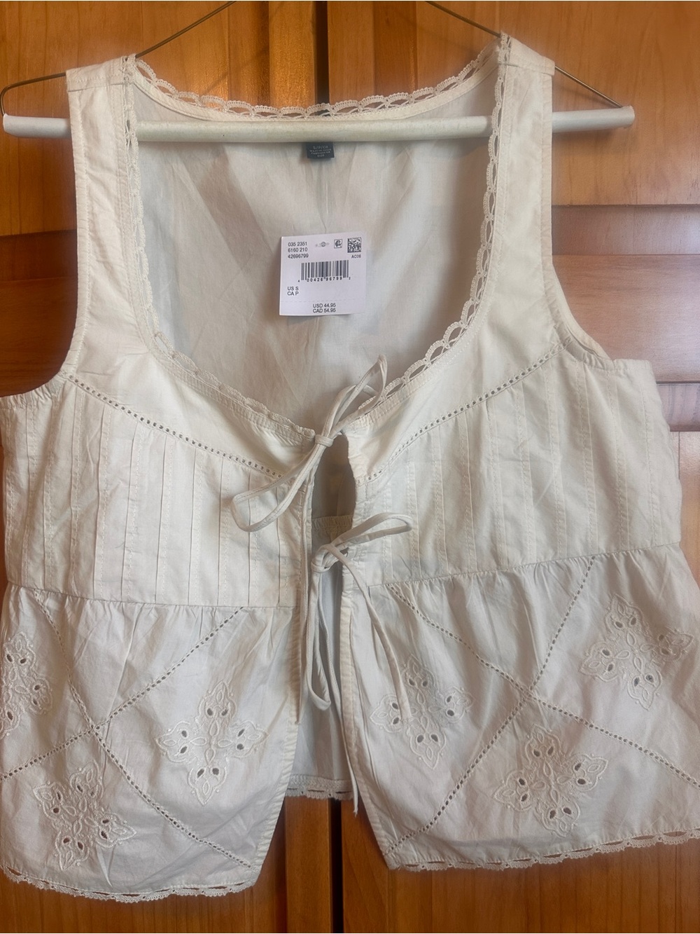 American Eagle Outfitters Cream Lace-Trim Tie-Front Vest NWT Small